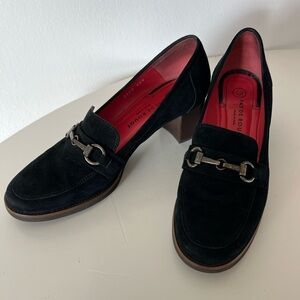 Pas De Rouge Flavia 2508 Horse Bit Round Toe Black Suede Slip-On Heeled Loafer